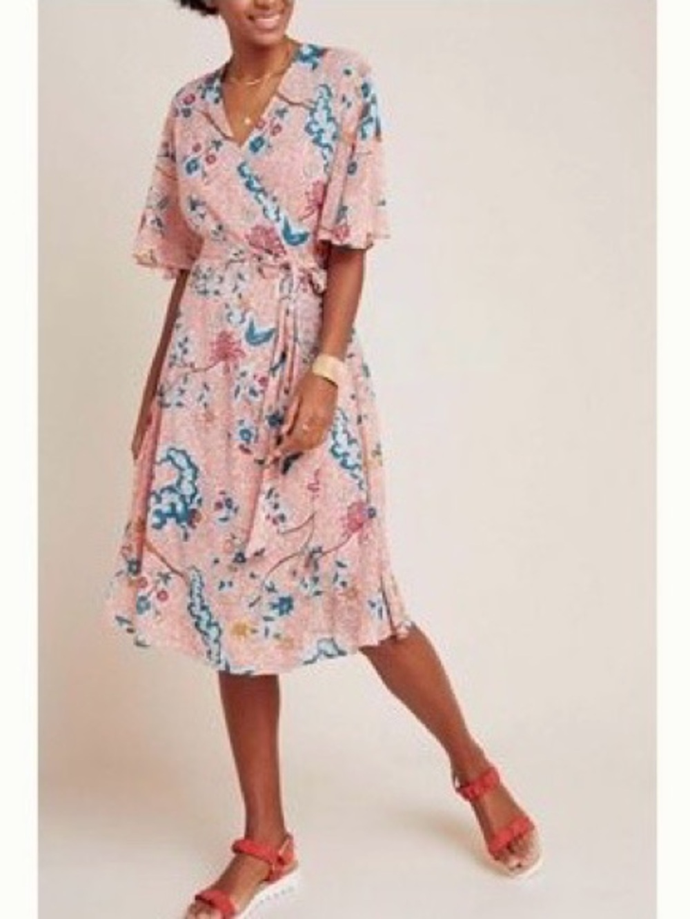 Anthropologie Maeve Coral Floral Wrap Midi Dress with Teal Accents S